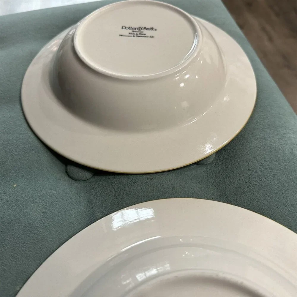 Potter And Smith Stoneware Rim Soup Cereal Bowls Green Speckled Rustic